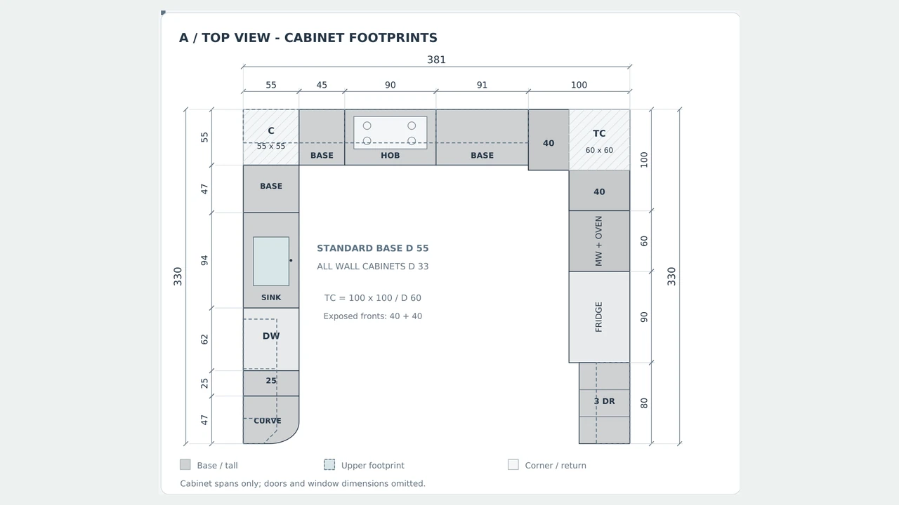 Kitchen cabinet plan with dimensions from Abdullah Star 3D layout sheet